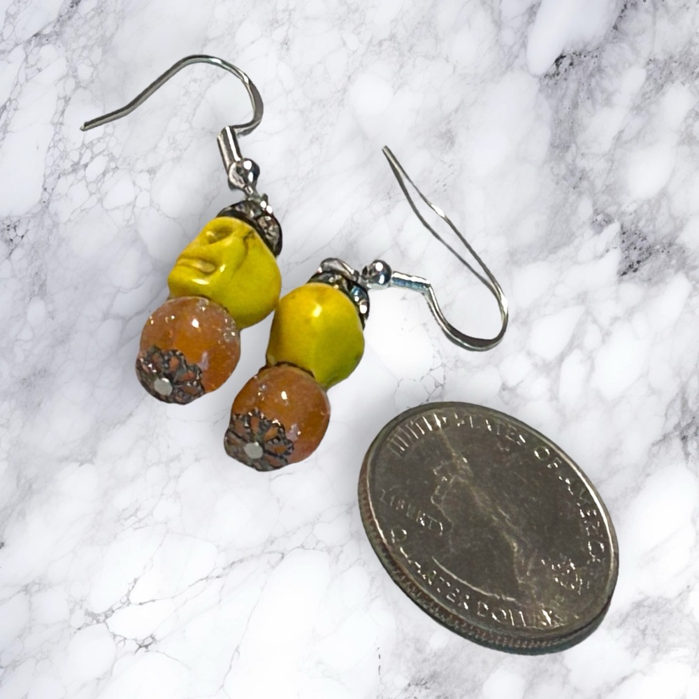 Hand Crafted Earrings Skulls Yellow Orange Rhinestones Dangle Long Pierced - Picture 2 of 5